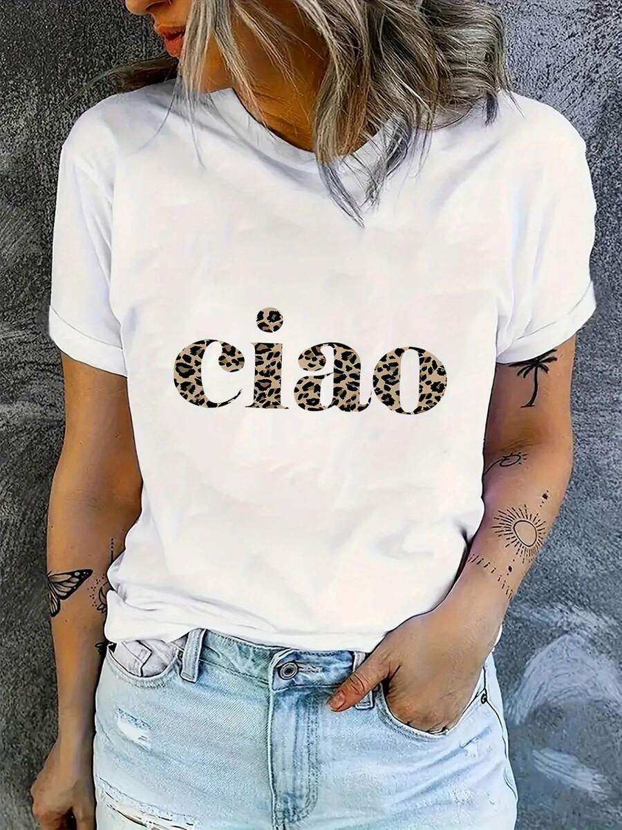 Women's Casual Short Sleeve Leopard Print Ciao Pattern Round Neck T-Shirt - Comfortable Loose Summer Top, Breathable And Machine Washable For Vacation Outfits, Medium Stretch Fabric