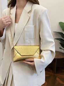 1pc Quilted Flap Closure PU Solid Color Envelope Bag, Fashionable Bright Color Party Clutch, Laser Bright Color Chain Shoulder Bag, Glossy Evening Party Small Square Bag, Suitable For Women To Use For Dates, Parties, And Galas - Gold - View 3
