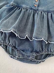 Bộ áo liền quần mùa thu mới cho bé gái, áo liền quần thêu bèo nhún, áo liền quần tam giác denim ngọt ngào thoải mái cho bé tập bò (Sản phẩm này có kiểu dáng rộng rãi, vui lòng chọn nhỏ hơn một size nếu bạn muốn kiểu dáng ôm sát hơn) - Màu xanh lam - Xem 9