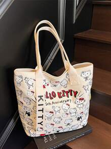 Sanrio Hello Kitty Bag Women's Large Capacity Tote Bag Travel Shoulder Handbag,Sanrio Hello Kitty Canvas Handbag, Cute KT Tote Shoulder Bag, Cartoon Versatile Tote Bag, Large Capacity Commuter Bag, Suitable For Travel, Back To School, Commuting