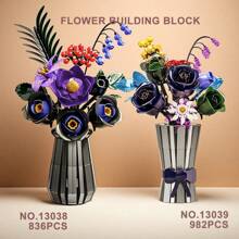 500+Pcs/Box Assorted Wooden Blossom Bouquet Including Rose, Magnolia & Other Flowers, Precise Flower Brick Arrangement, Everlasting Decoration For Home & Office, Romantic Gift - Three-color Building Block Vase - View 6
