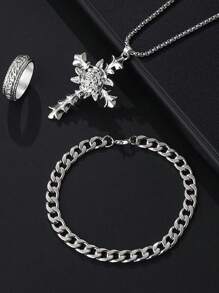 3pcs Men's Fashion Punk Rock Hip Hop Party Accessories Rose Flower Cross Necklace Bracelet Ring Set