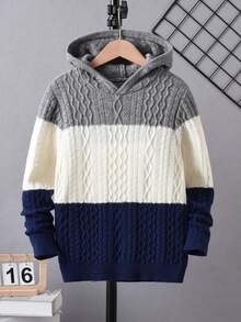 男孩和青少年学院风条纹粗针织连帽套头衫，适合日常穿着、上学、春季、秋季、冬季
