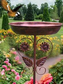 1 件复古户外鸟浴盆 - 坚固的铁质，带 5 爪底座，乡村风格花园装饰，易于安装以吸引鸟类 - 露台、庭院或野生动物花园喂食器，耐候叶子图案设计