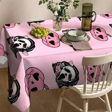 1pc Halloween Pink Theme Tablecloth, Printed With Scary Faces & Pumpkin Hearts, Quirky Style With Holiday Vibe. Rectangular Design, Unique & Eye-Catching Pattern, Vivid Details, Suitable For Halloween Dining Table Decor, Adding Personalized & Fun To Meal Settings.