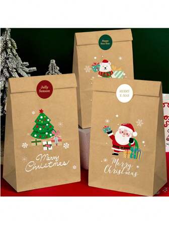 12pcs Kraft Paper Christmas Gift Bags, Food Bags, Gift Bags, Candy Bags, Holiday Hand Bags, Food Party Bags With Stickers, Suitable For Christmas, Holidays, Parties, Events, Gatherings, Gifts Christmas Christmas Decorations Christmas Pajamas Christmas Gifts Christmas Decor