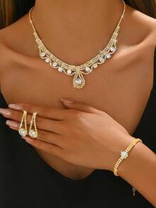 1pc Women's Necklace + 1 Pair Women's Earrings + 1pc Women's Bracelet 4-Piece Set, Big Crystal Necklace Jewelry Set, Suitable For Wedding, Daily Wear, Vacation, Photography, Halloween, Music Festival, Etc. - Silver - View 8