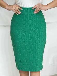 Women's Straight Midi Skirt In Laise Lined With Back Slit And Rear Zipper Simple Elegant Evangelical Fashion Wedding - 翡翠綠 - 查看 1