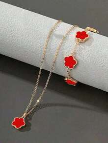 2pcs/Set Women's Same Color Lucky Flower Decoration Accessory Combination 1 Pair Of Earrings 1 Necklace 1 Bracelet 1 Bracelet 1 Ring Set Suitable For Daily Use