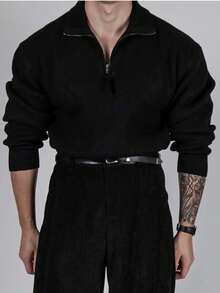 男士休闲纯色灯芯绒高密度面料套头卫衣，拉链领，罗纹质地，适合所有季节，秋冬季穿着