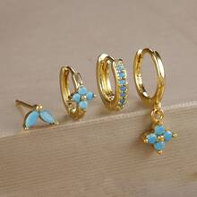 4pcs/Set Minimalist Geometric 18K Gold-Plated Earrings Set, Rhinestone Inlaid, Four-Petal Flower Design, Multi-Color Cubic Zirconia, Suitable For Vacation, Date, Gift And Daily Wear - 4pcs Earrings Set - View 8