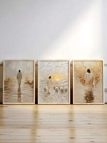 3 Pieces Jesus Walking On Water Posters Sheep Hanging Paintings Jesus Christ Art Printing Religion Wall Arts Vintage Wall Prints Modern Wall Picture Church Mural Living Room Wall Decor No Frame