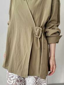 FRIFUL 女士休闲宽松纯色系带衬衫，翻领长袖，秋季 - 卡其色 - 查看 3