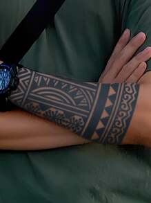 1Pc Fake Tattoo Temporary Tattoos Semi Permanent Tattoo Geometric Waterproof Sweatproof Last For 1-2 Weeks Realistic Herbal Juice Anti-Friction Non-Reflective Black For Woman And Men Tattoo Stickers For Arm, Chest, Leg, Abdomen, Waist, Finger, Neck, Spine, Modernist Body Art - Black - View 3