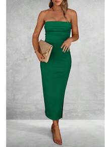 Women's Summer Bodycon Maxi Tube Dress Ribbed Strapless Side Slit Long Going Out Casual Elegant Party DressesHalloween Christmas New Year - 綠色 - 查看 7