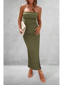 Women's Summer Bodycon Maxi Tube Dress Ribbed Strapless Side Slit Long Going Out Casual Elegant Party DressesHalloween Christmas New Year - 淺軍綠色 - 查看 6