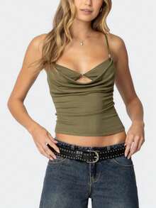 Women Cowl Neck Cami Tank Tops Layered Bra Spaghetti Strap Cutout Ruched Front Slim Fit Beaded Camisole Crop Tops Summer Sexy Backless Sleeveless Vests Shirts Party Club Going Out Tops Streetwear - 軍綠色 - 查看 3