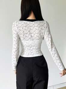 女式纯色修身短款上衣 V 领长袖印花衬衫