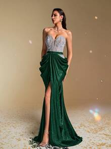 Vestido de noche con corsé con lentejuelas plateadas sin tirantes, vestido de sirena formal sexy para mujer, vestido de gala brillante, vestido de lujo para gala, vestido largo con cuentas sin hombros, vestido maxi ajustado para alfombra roja