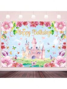 Princess Castle Theme Birthday Party Backdrop Decoration; Butterfly Princess Castle Backdrop, Birthday Party, Theme Party, Photo Studio Photo Background Decoration