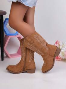 Autumn/Winter New Kids Boots, Embroidered Fashion Western Cowboy Boots, Pointed Toe Chunky Heel Lightweight Stylish Ankle Boots, Suitable For Girls To Attend Parties And Outings