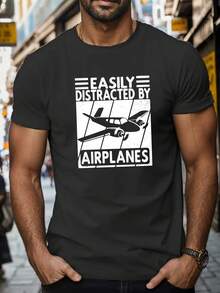Camisetas de Manga Corta para Hombre con Estampado de Aviones Fáciles de Distraer, Cómodas y Casuales con Cuello Redondo Elástico para Actividades al Aire Libre - Estilo negro 2 - Ver 8