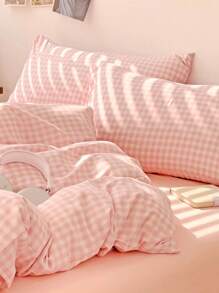 3pcs Pastel Plaid Print Duvet Cover Set, Suitable For Girls & Students, Fresh & Petite, Super Soft & Cute, All Season, Microfiber Duvet Cover Bedding Set, Polyester, Fits Twin/Full/Queen Size Bed - Baby Pink - View 8