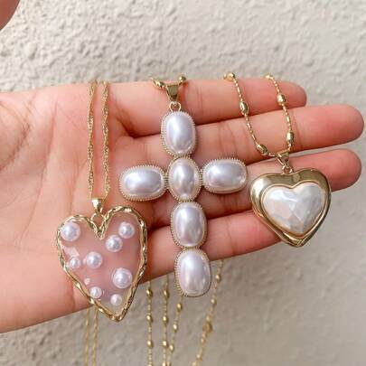 1pc Christian Cross Pendant Religious Jewelry Pearl Charms Elegant 18k Gold Plated Heart Pendant Necklace DIY Jewelry