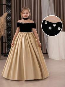 Abito elegante da ragazza pre-adolescente con patchwork dorato, spalle scoperte, fatto a mano con perline, adatto per feste di compleanno, balli, lauree, damigella d'onore, matrimoni - Nero e oro - Visualizzare 4
