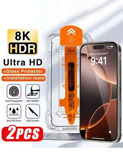 För iPhone 17/17 Pro/17 Pro Max/17 Air/16e/16/16 Pro Max/16 Plus/15 Pro Max/14/13/12 Mini/11 XR X XS Max 2-delat set med 4K Ultra HD glansigt skärmskydd i härdat glas, applikator med ett klick, heltäckande, kantskydd, fingeravtrycksskydd, hållbar, inklusive verktyg