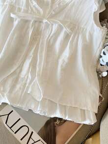 可爱荷叶边休闲女式上衣，系带前开襟二合一韩版盖袖 T 恤，返校季 - 白色 - 查看 3