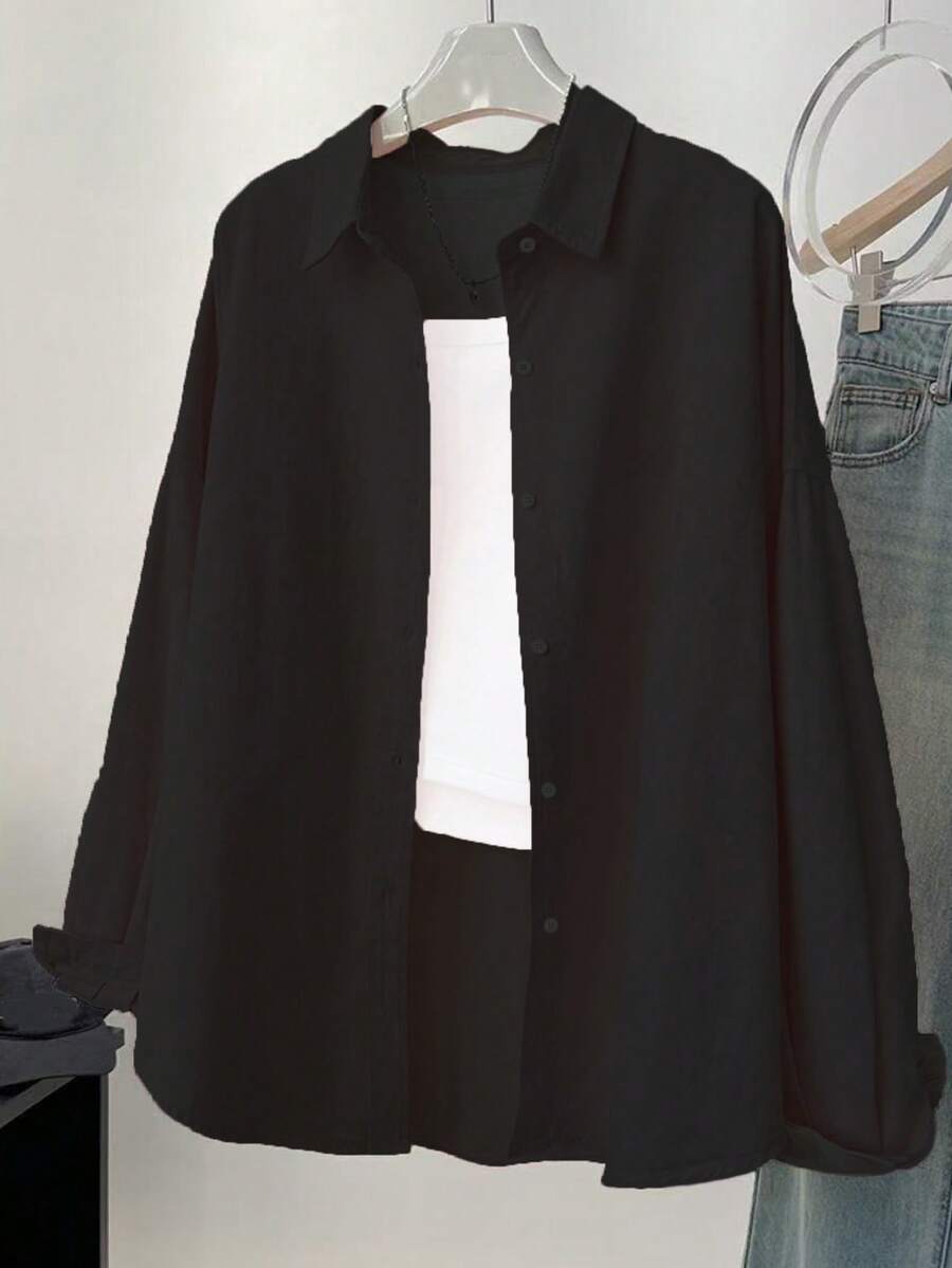 Camisas Casual de Botão Plus Size para Mulheres, Cor Sólida, Manga Longa, Modelo Solto, Blusas com Gola