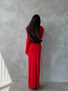 Women's Elegant Solid Color Backless Split Hem Ruffle Formal Party Evening Dress, Suitable For Wedding And Formal Dinner - Red - View 2
