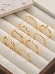 8Pcs 14K Gold Plated  Stackable Rings For Women Non-Tarnish Dainty  Wedding Bands, Engagement Rings Simple CZ Thumb Rings Sizes 4-11 - 金色 - 查看 4