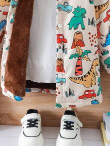 男童秋冬舒适涤纶面料保暖内衬恐龙印花连帽开衫夹克，趣味时尚印花，适合秋冬季，柔软舒适，适合外套、上学、聚会