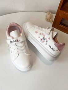 1 Pair Back-To-School Casual & Fashionable Kids' Skateboard Shoes, White Main Color, Adorable Cartoon Pattern On Side, Pink Heart Decor, Soft, Lightweight, Comfortable, Pink Details On Upper & Heel, Convenient Hook And Loop Closure, Sweet & Playful Style, Suitable For Kids' Daily Wear, Indoor/Outdoor, Play, Festivals, Etc. - Pink - View 2