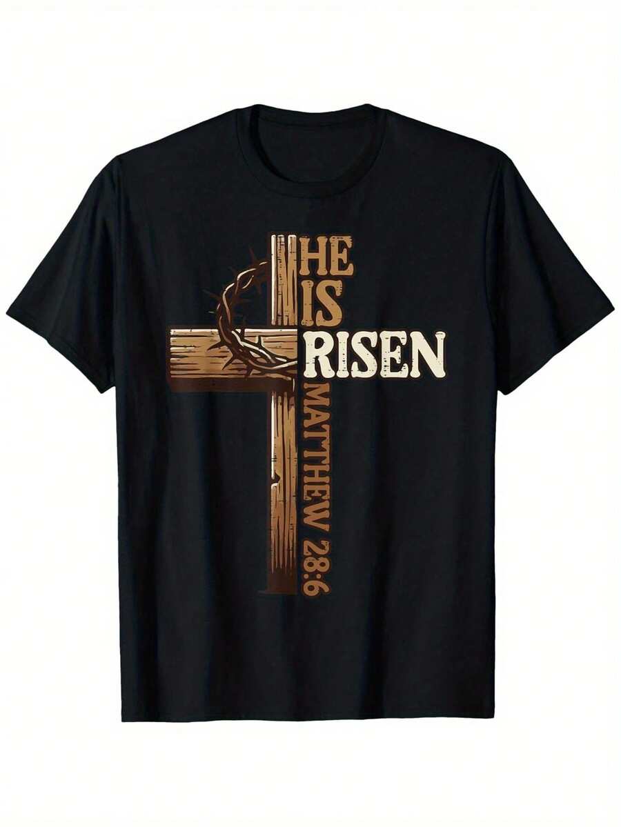 He Is Risen T-Shirt Round Neck 100% Cotton T-Shirt Short Sleeve Women Men Family T-Shirt Funny Gift T-Shirt Regular Fit Comfortable Stretch Fabric All-Season Wear Cotton T Shirts - 黑色 - 查看 1