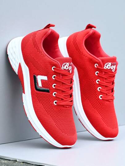 Men's Red Outdoor Casual Running Shoes, Solid Color Beach Outdoor Sports Lace-Up Mesh Patchwork Breathable Mesh Shoes, Rubber Sole Shock Absorbing Running Shoes, Suitable For Outdoor All Seasons