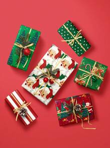 6 件 19.7 英寸 X 27.6 英寸圣诞礼品包装套装：圣诞老人、树木和节日设计，适用于圣诞礼物、节日装饰、派对布置、DIY 工艺品和其他礼品包装 - Santa, Trees & Festive - 查看 6