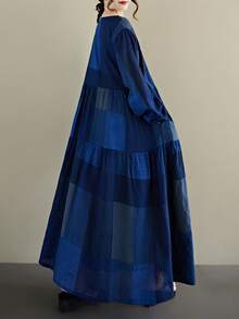 AZAH Women's Plus Size Blue Floral Print Long Sleeve Round Neck Pleated Maxi Dress A Line Woven Fabric Modest Summer Dress With Pockets