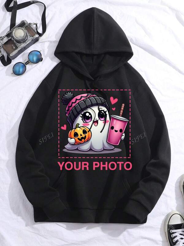 Customized Photo Printed Fleece Hoodie For Women, Black, Personalized With Friend/Family/Couple/Pet Photos, Suitable For Birthday, Anniversary, Valentine's Day, Halloween, Christmas, Back To School Season, Autumn/Winter Casual Pullover Sweatshirt