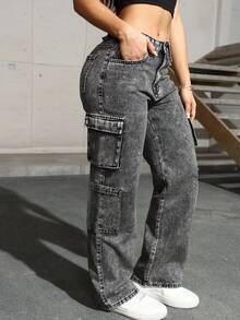 女式多口袋直筒牛仔裤 - 灰色 - 查看 4