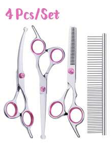 4pcs/Set Dog Grooming Scissors Set With Round Tips - Professional Pet Scissors With Round Tips + Fish Bone Serrated Grooming Scissors + Stainless Steel Double-Sided Comb Grooming Kit