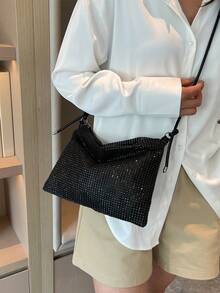 水钻装饰大容量时尚休闲手提包，时尚单肩包/腋下包/手提包，适合夏季通勤，适合女性、女士、情侣 - 旅行、工作和办公室、舞会、派对、周末和假期，旅行度假必备品 - 黑色 - 查看 4