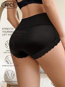 4-Pack Black High-Waisted Lace Panties - Tummy Control, Hip Lift, Breathable Seamless Design, Luxurious Ice Silk Fabric With Floral Lace Details, Comfortable Everyday Wear For Women, Everyday Wear Panties|Elegant Underwear|Elastic And Comfortable, Cute Underwear - 黑色 - 查看 5