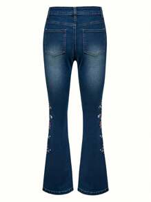 Ladies' Elegant Combination Denim Bell Bottom Pants, Decorated With Floral Embroidery, Suitable For All Seasons, Suitable For Daily Outings, Back To School Season, Rural Concerts