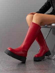 Knee High Boots Women, Comfortable Platform Round-Toe Side Zip Boots For Women - Đỏ - Xem 2