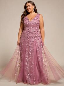 Deep V-Neck Sequin Contrast Color Mesh Formal Dress Wedding - Dusty Pink - View 4