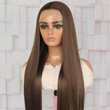 13X4 Long Straight 26 Inch Brown Lace Front Wig Lace Front Synthetic Wig Pre-Plucked Hairline Halloween Wigs Heat Resistant Fiber Hair Silky Straight Wig For Women Cosplay Party Daily Use - 棕色 - 查看 5