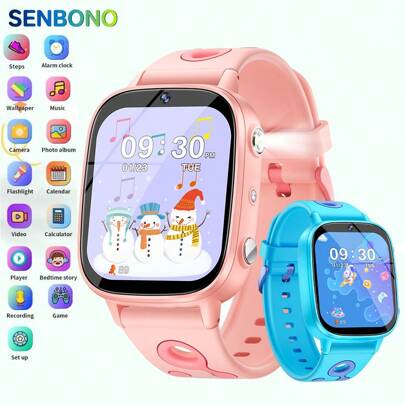  SENBONO Smartklocka för barn med 26 inbyggda spel, HD-pekskärm, utomhusficklampa, väckarklocka, godnattsaga, videoinspelning, stegräknare, kalkylator, musikuppspelning, fotograferingsfunktion, inbyggt 512 MB minne, inspelning, kan importera musik från dator - perfekt present till barnens dag, födelsedag eller jul